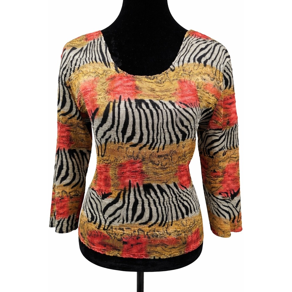 Flair Womens Pullover Scoop Neck Crinkle‎ Top X-Large Multicolor Animal Print